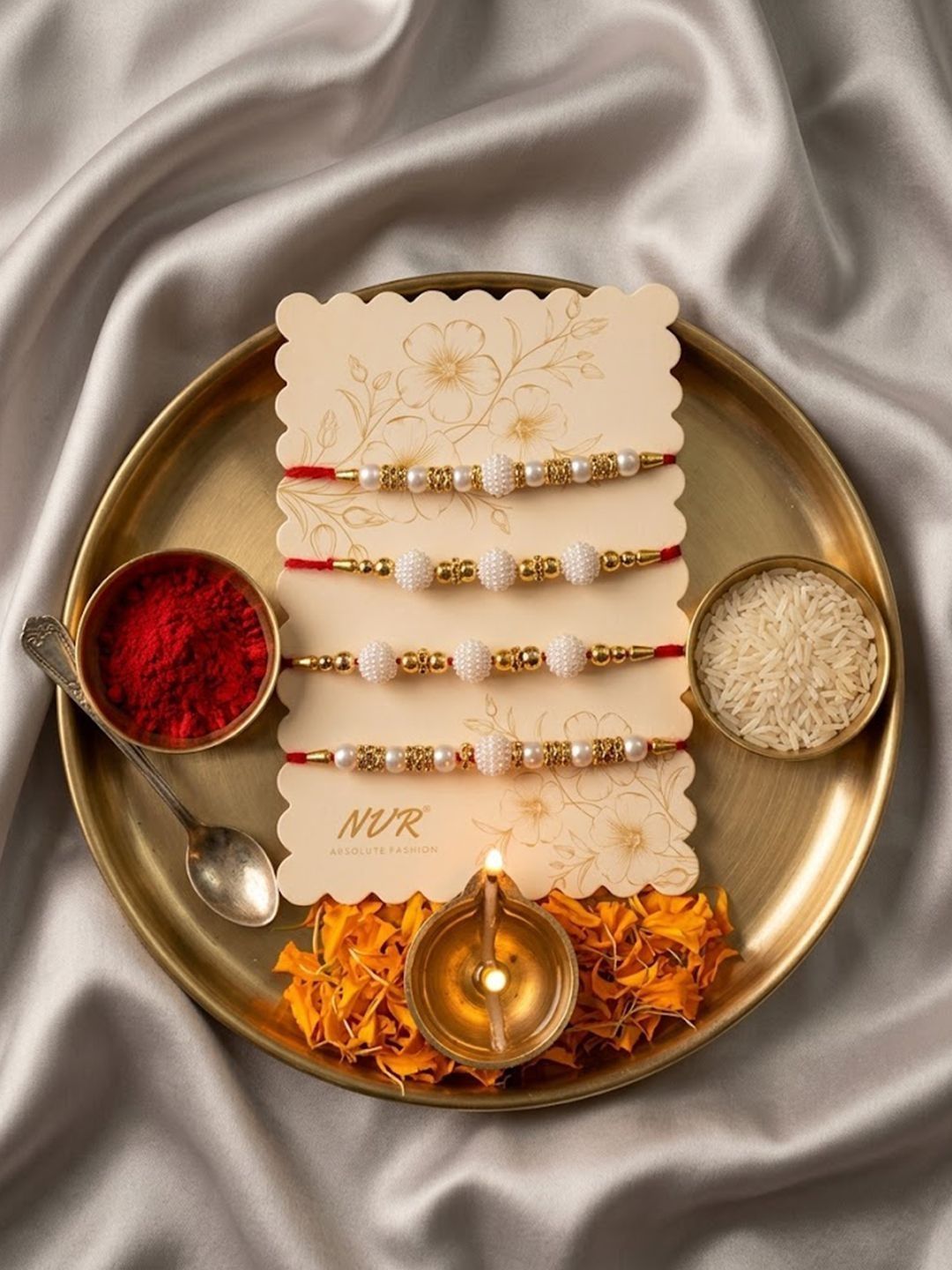 Anouk Set Of 4 White Pearls & Red Thread Rakhi With Roli Chawal Chandan Mishri
