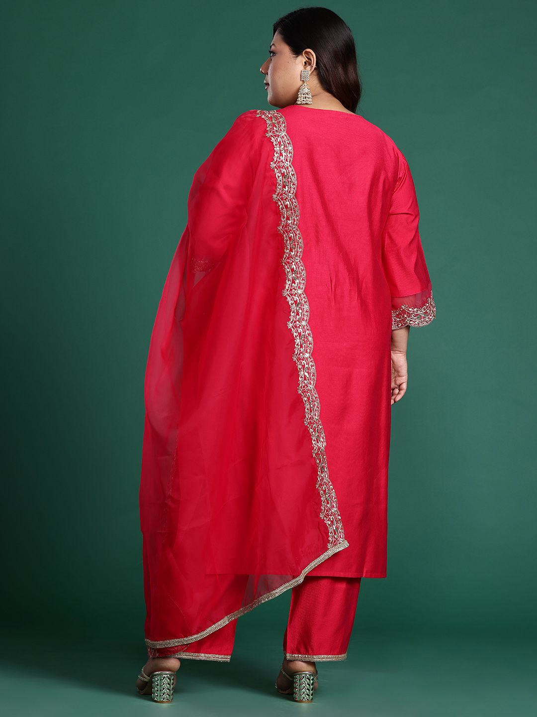 Indyancart IE Plus Size Ethnic Motifs Embroidered Sequinned Liva Kurta With Trousers & Dupatta
