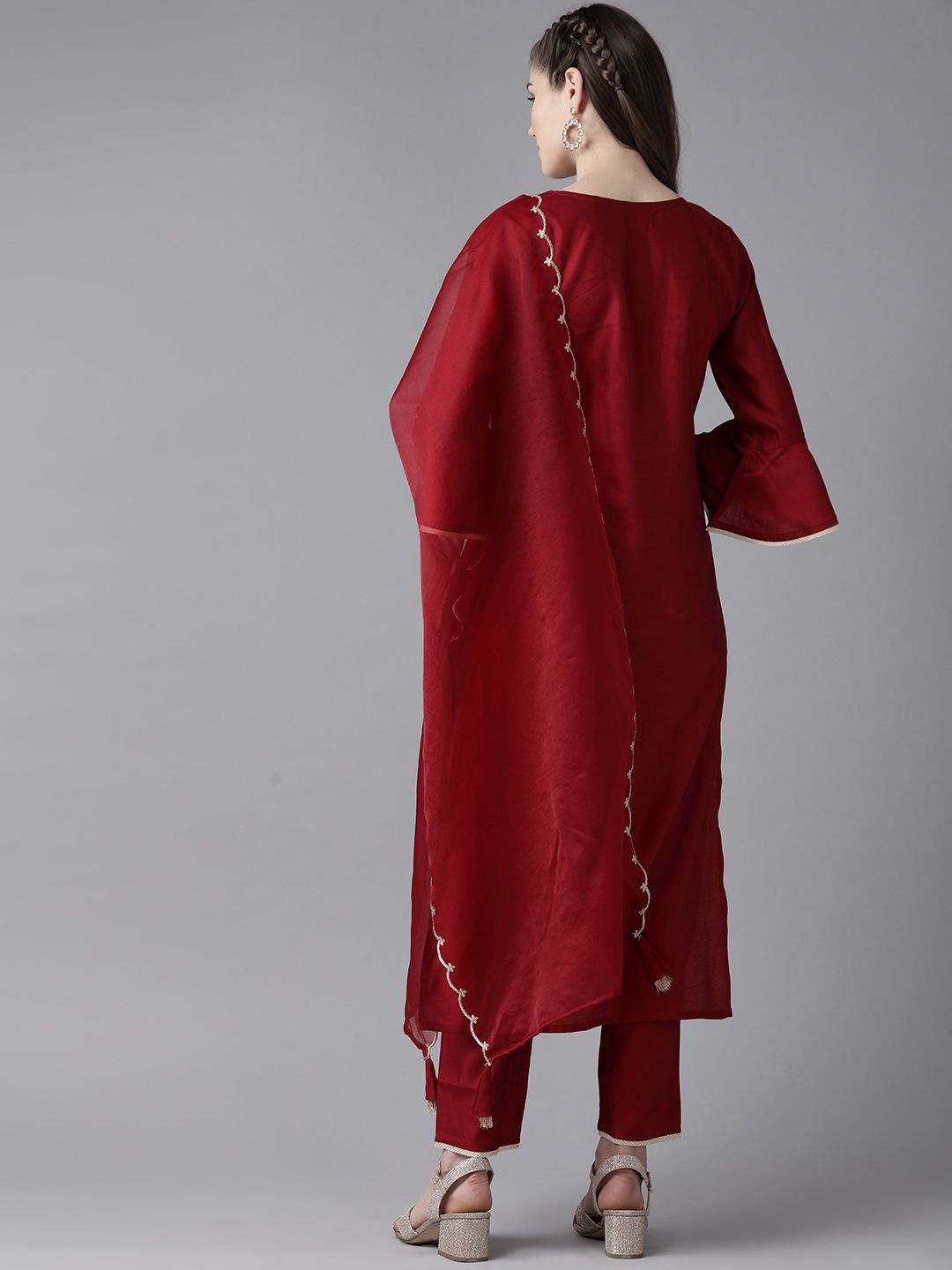 Indyancart IE Women Red Yoke Design Kurta with Trousers