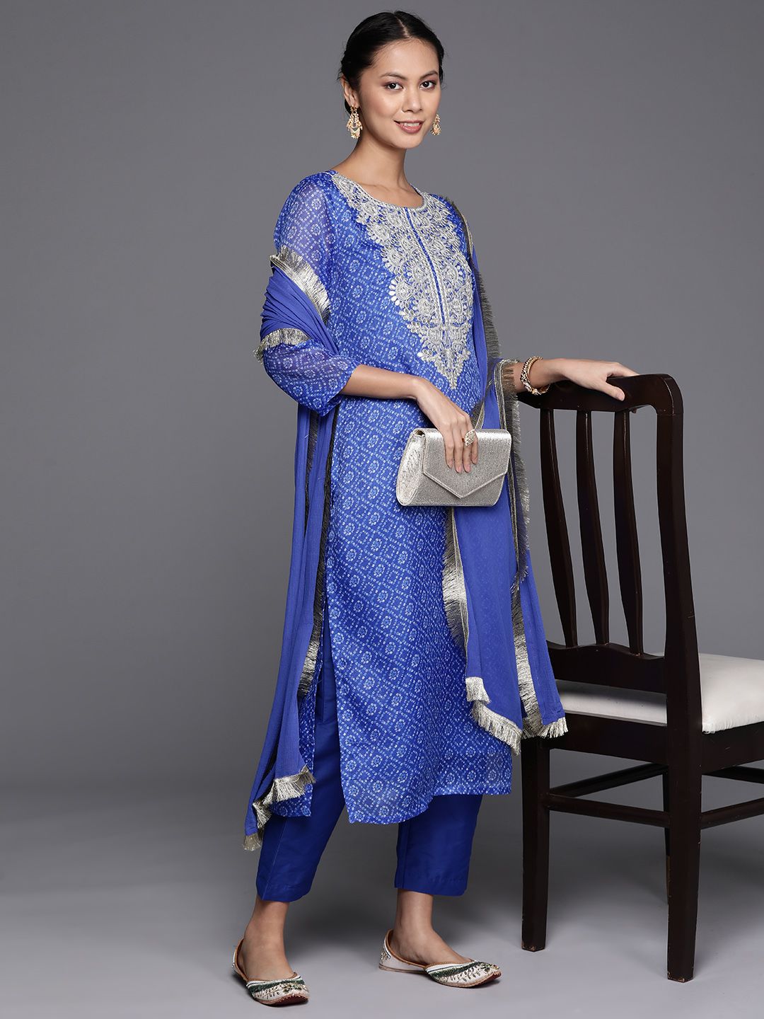 Indyancart VA Women'sBandhani Printed Gotta Patti & Zari Embroidered Kurta & Trousers With Dupatta