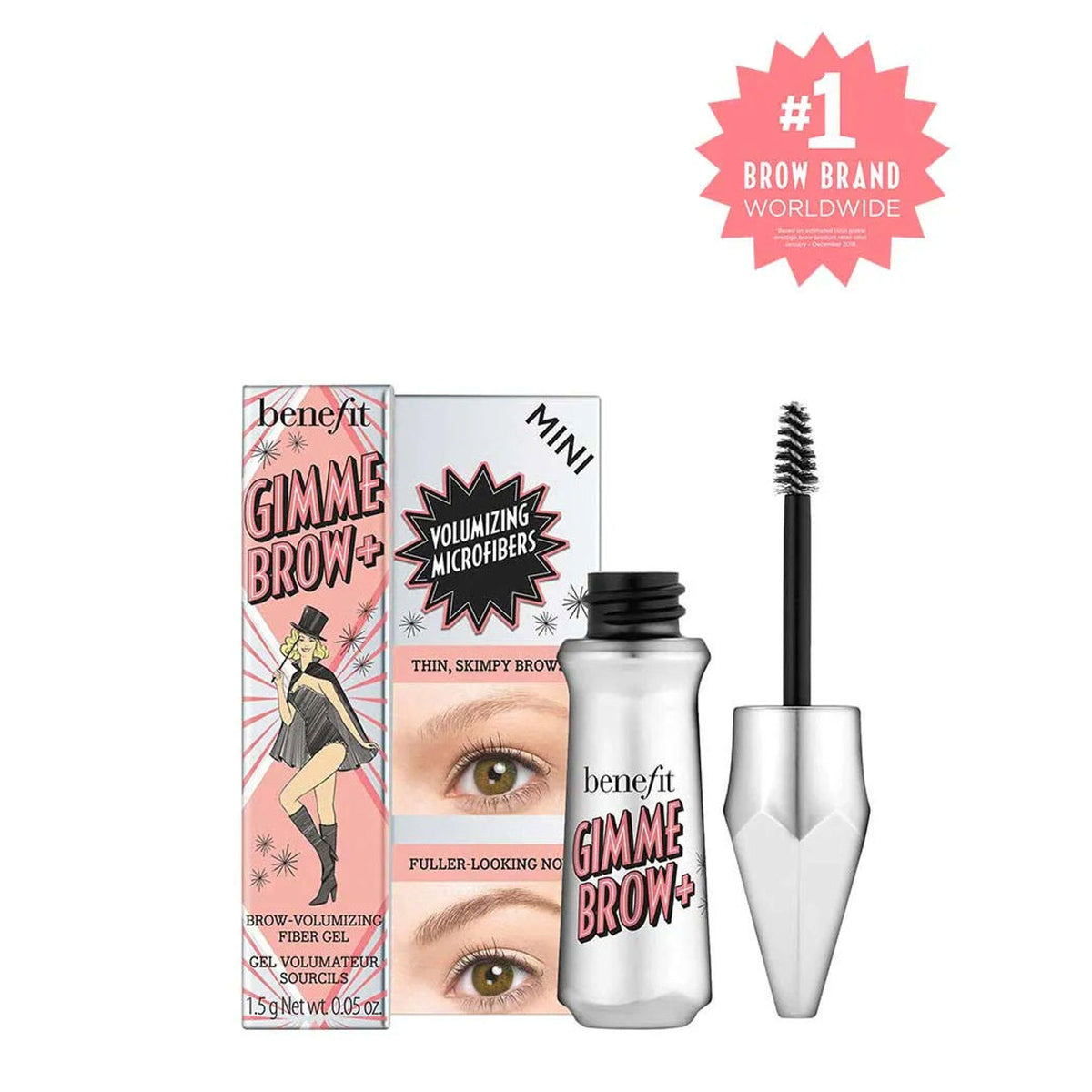Benefit Cosmetics Gimme Brow+ brow-volumizing fiber gel Mini in 3.5 Warm Auburn Brown displayed in the image.