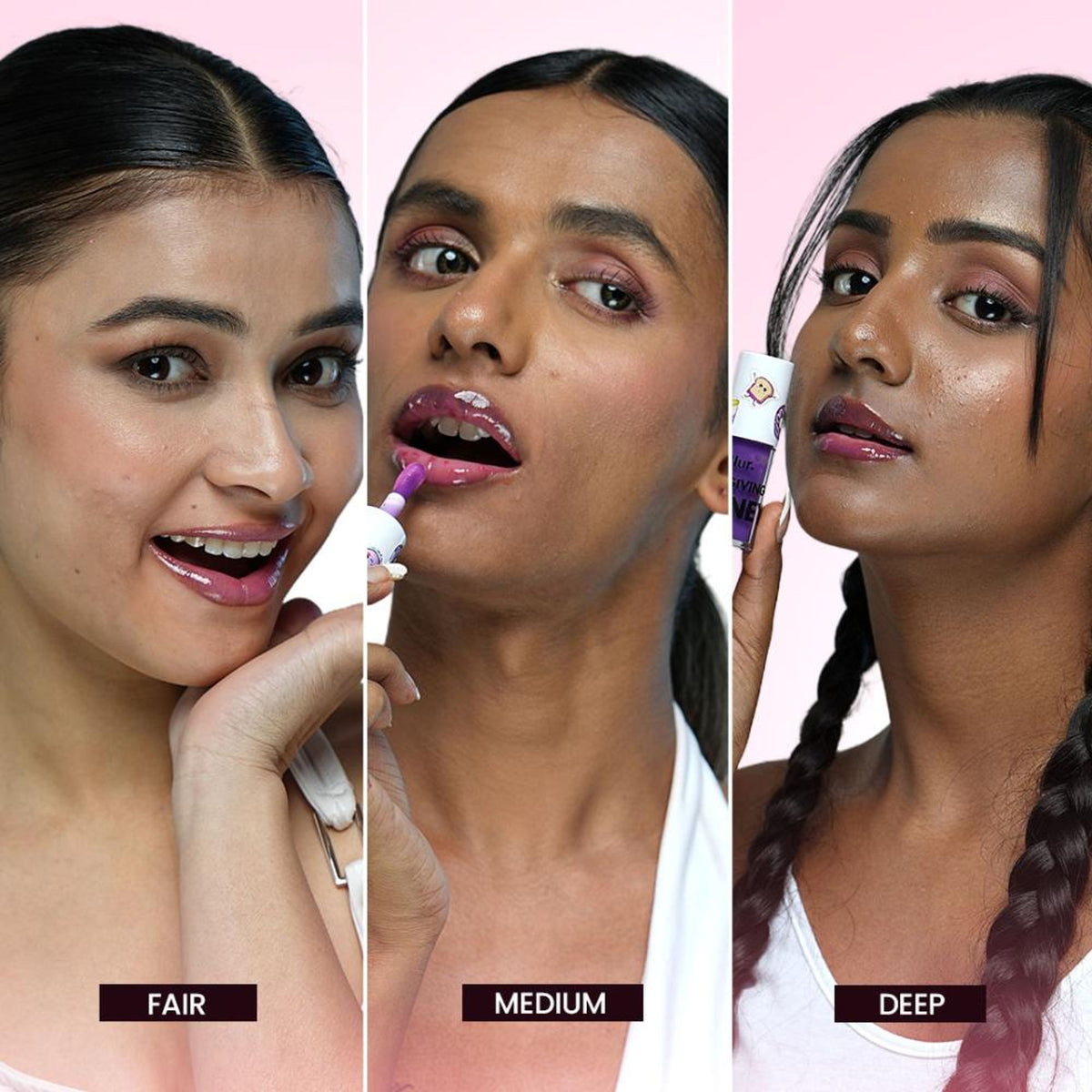 BLUR It's Giving Honey Lip Oil in Grape flavor, featuring a sleek transparent bottle with a golden cap and purple grape accents.