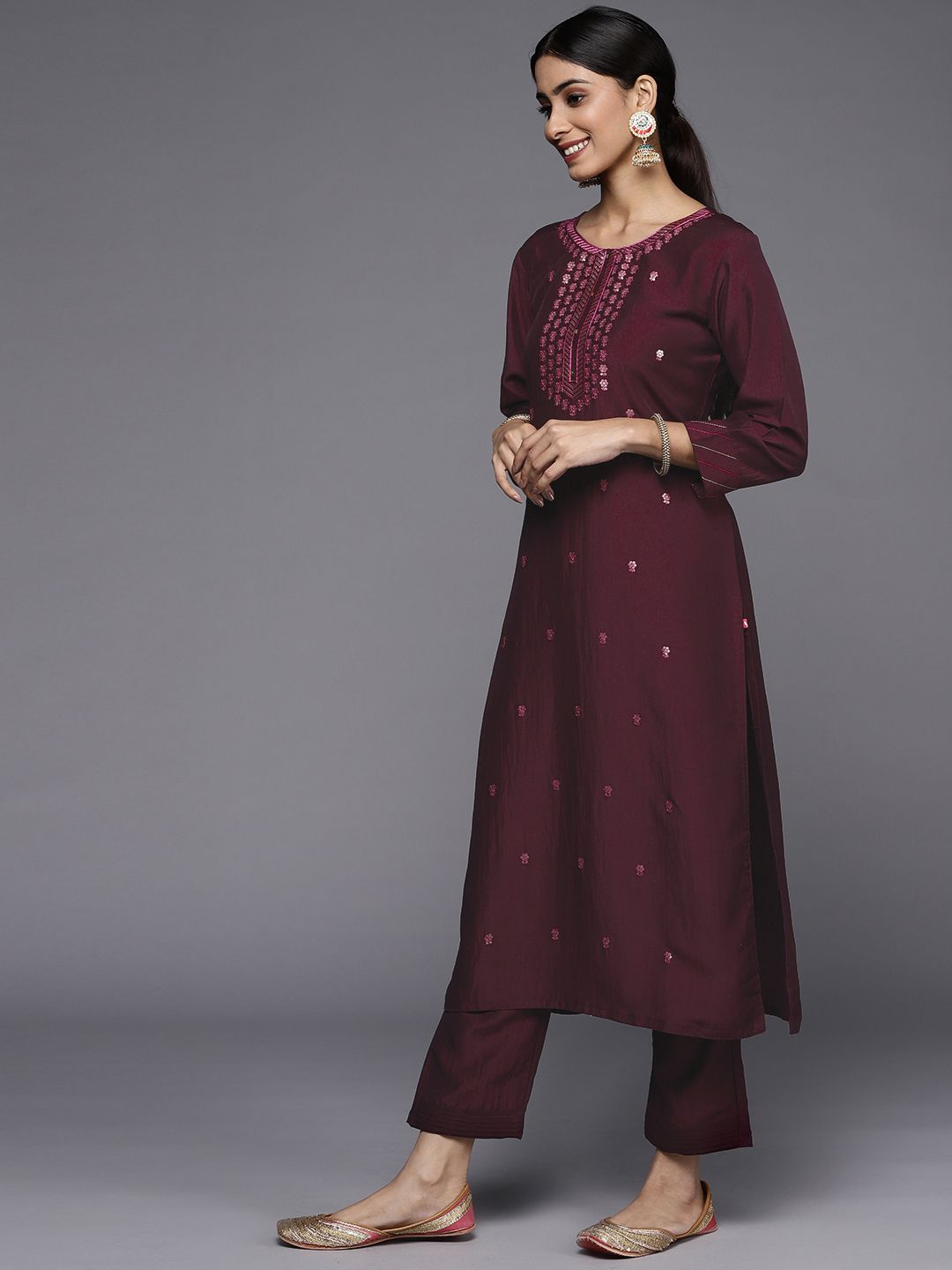 Indyancart VA Women's Burgundy Floral Embroidered Sequinned Kurta with Trousers & Dupatta