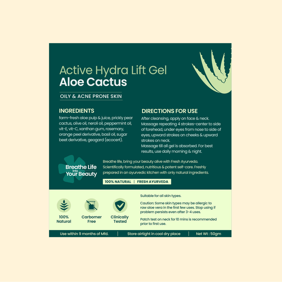 Nat Habit Active Aloe Cactus Hydra Lift Face Gel Moisturiser For Acne Control & Hydration Boost