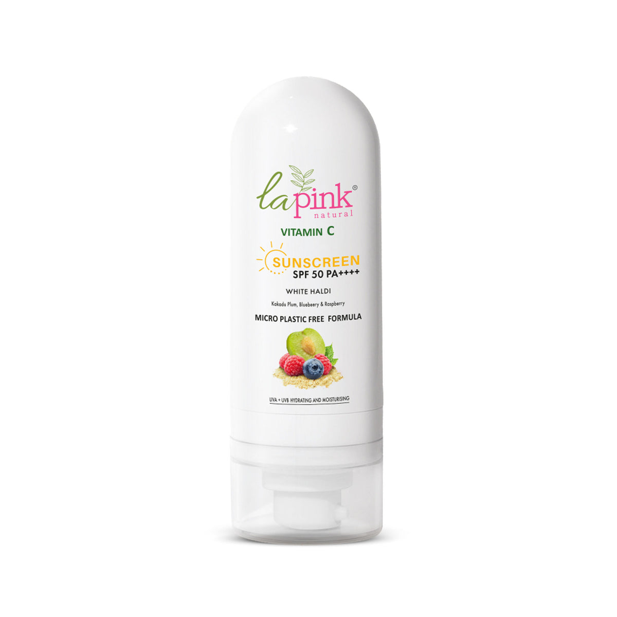 La Pink Vitamin C Sunscreen SPF 50 with hyaluronic acid and niacinamide, showing the bottle with a bright pink label and UV protection symbols.