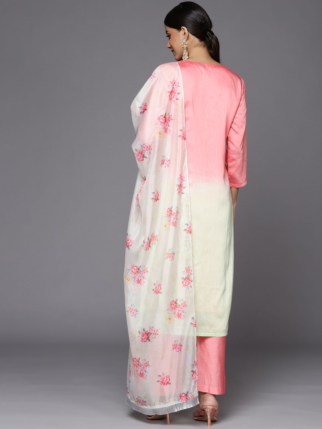 Indyancart VA Women's Pink Ombre Printed Sequinned Kurta with Trousers & With Dupatta