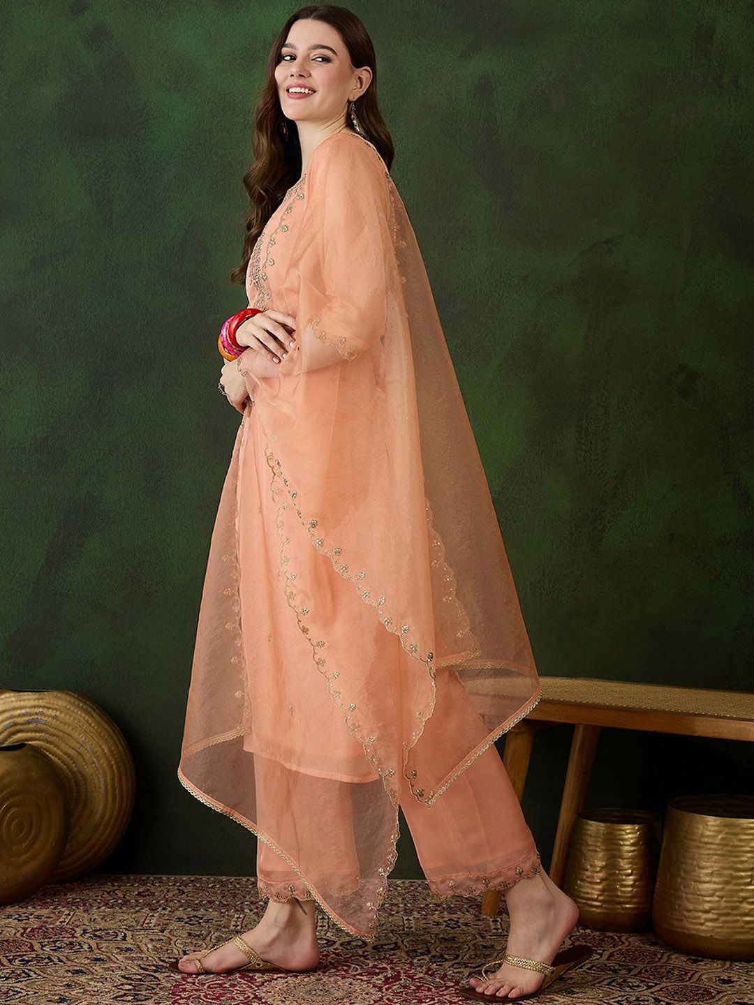 Indyancart SN Women's Peach Floral Embroidered Zari Straight Kurta With Trouser And Dupatta