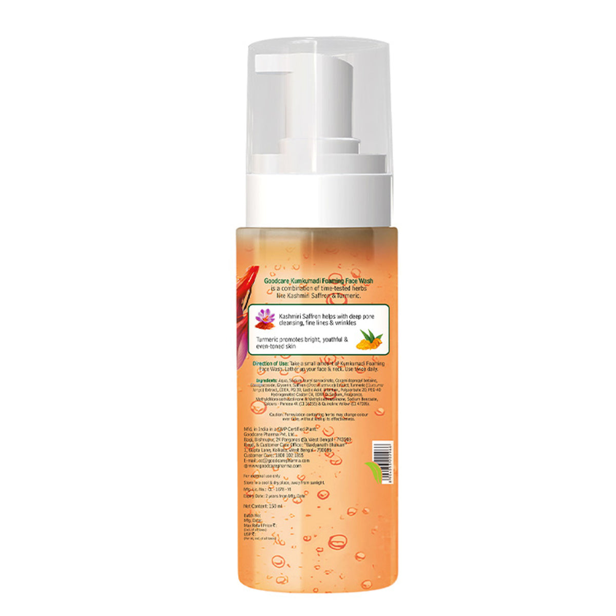 GOODCARE Ayurvedic Kumkumadi foaming face wash with saffron and turmeric, showing the product bottle and ingredients.