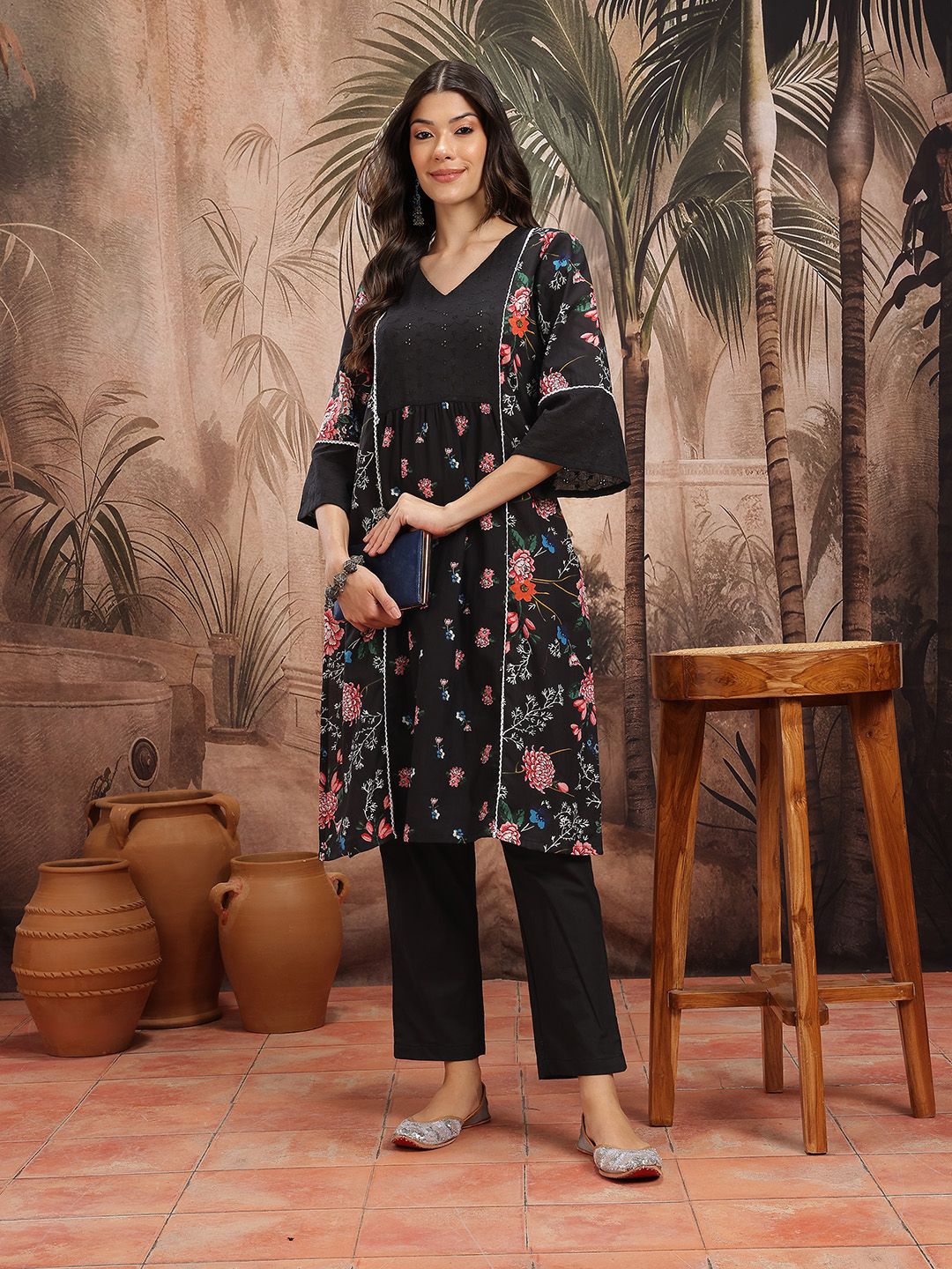 Indyancart SN Women's Floral Print Pleated Schiffli Detail Cotton Kurta with Trousers