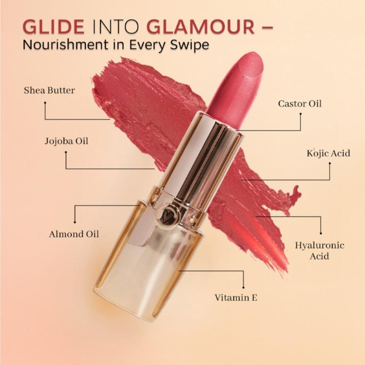 Dunamiss Satin Luxe Lipstick in Lucia shade showcasing a sleek tube with rich, satin-finish lipstick in a deep, elegant color.