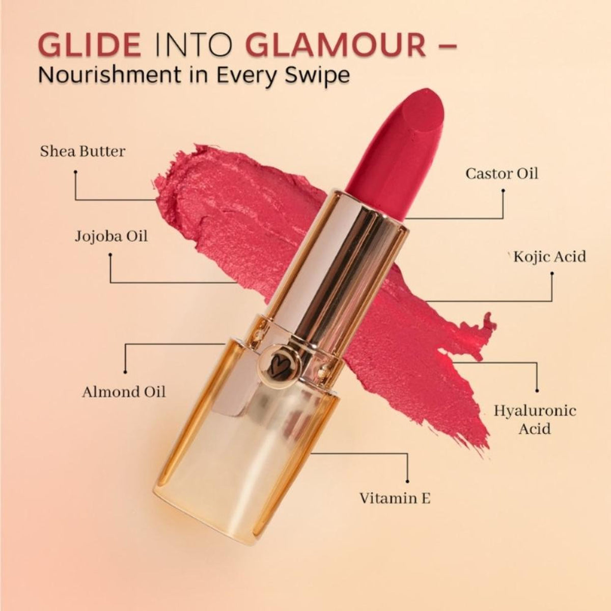 Dunamiss Satin Luxe Lipstick in Camilla shade, with smooth, satin finish and elegant gold packaging from Dunamiss Cosmetics.