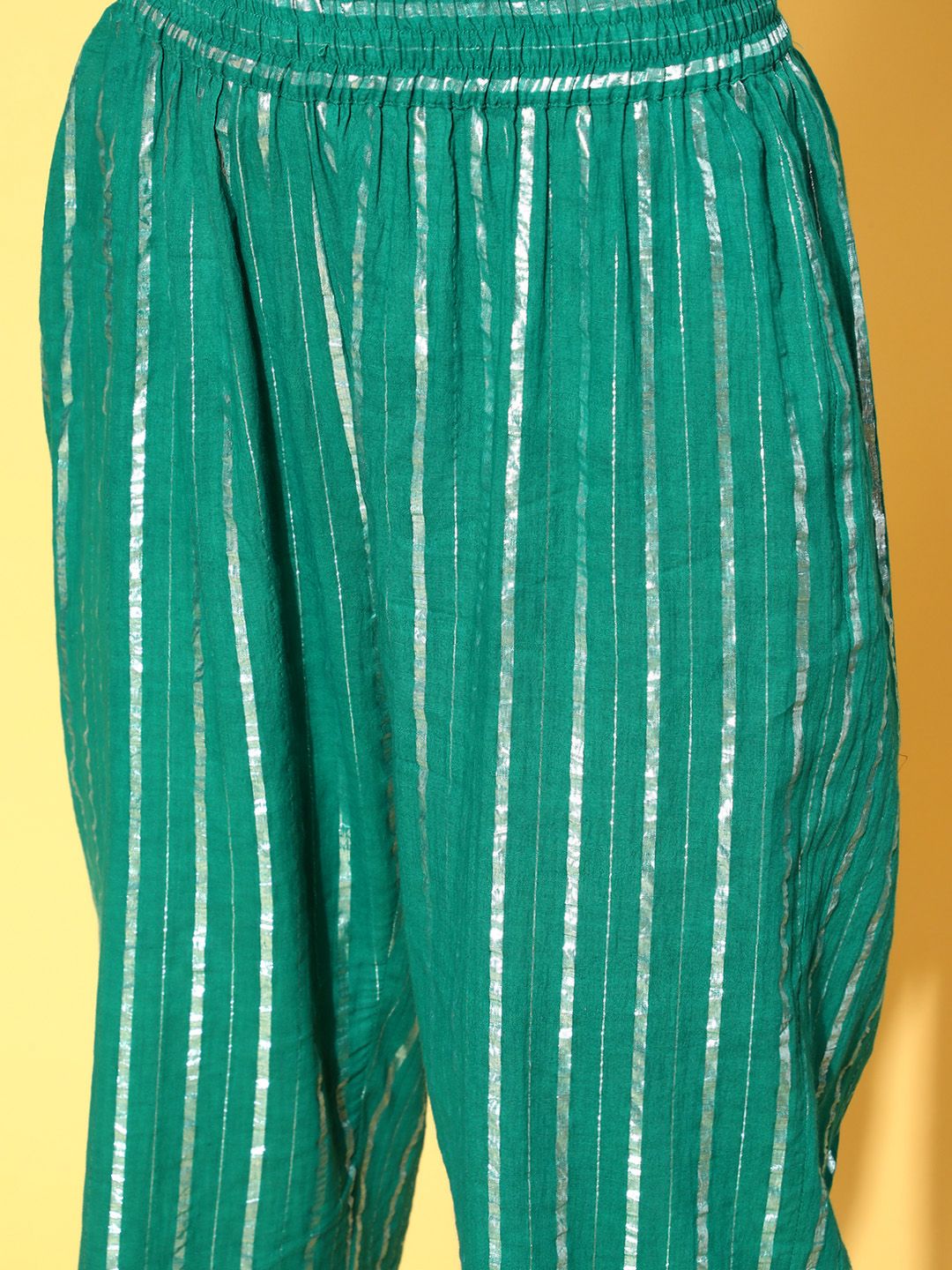 Indyancart VA Women's Green & Silver Striped Gotta Patti Kurta Set