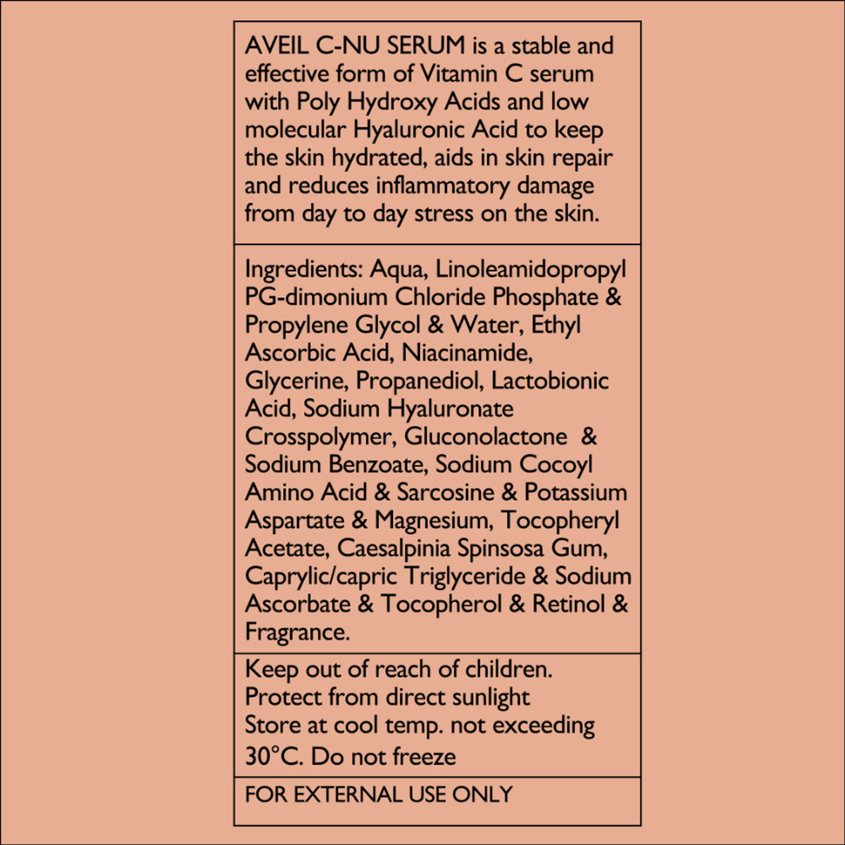 A close-up of AVEIL C-Nu Vitamin C Serum bottle with dropper, showcasing the sleek packaging and clear liquid inside.