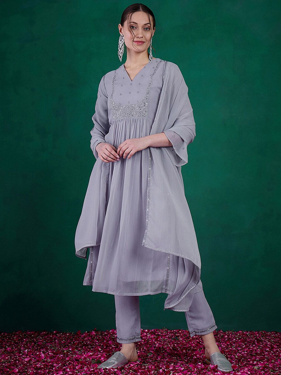 Indyancart SN Women's Floral Embroidered A-Line Kurta With Trouser & Dupatta