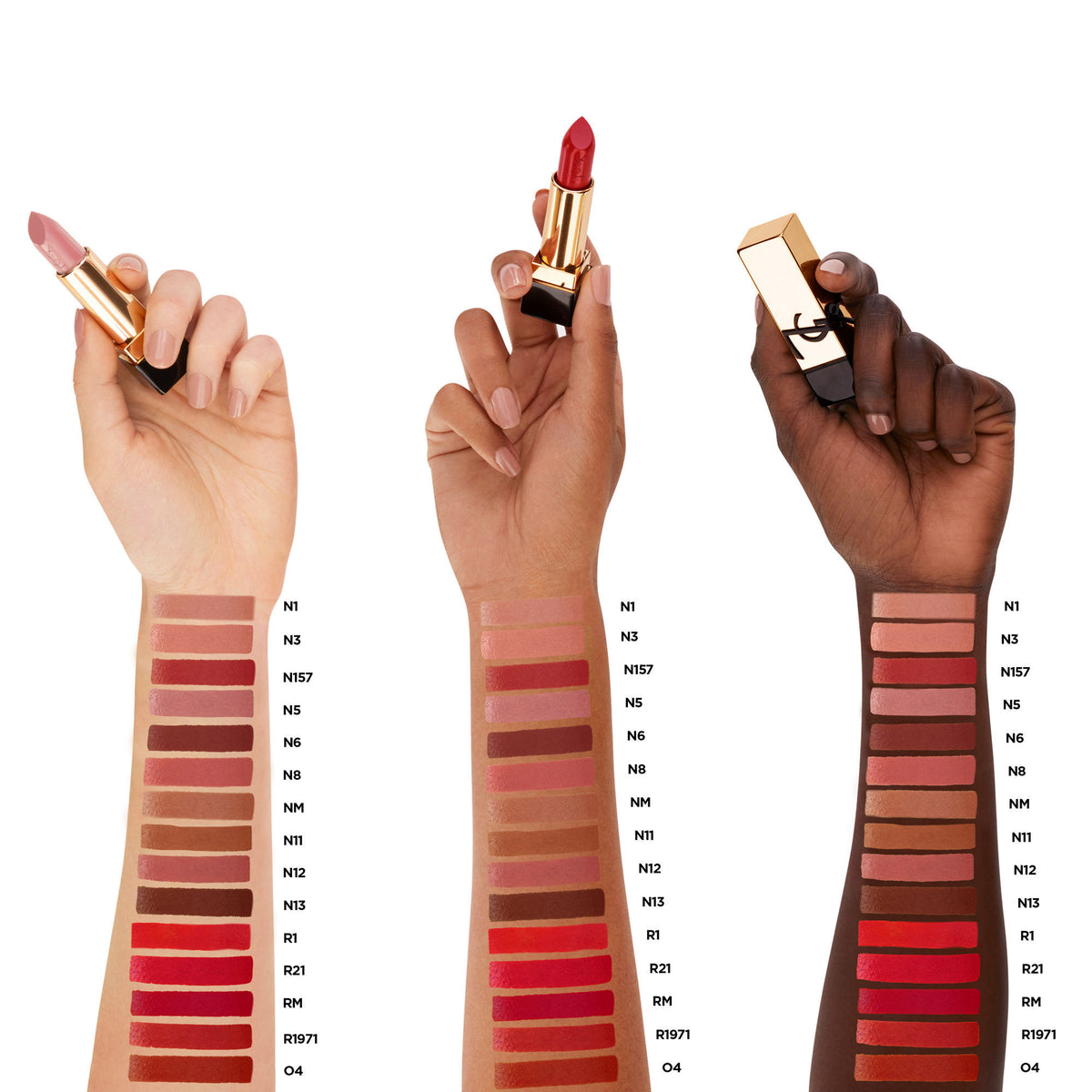 Yves Saint Laurent Rouge Pur Couture lipstick in N1 Beige Trench with satin finish, displayed with a blouse in the image.