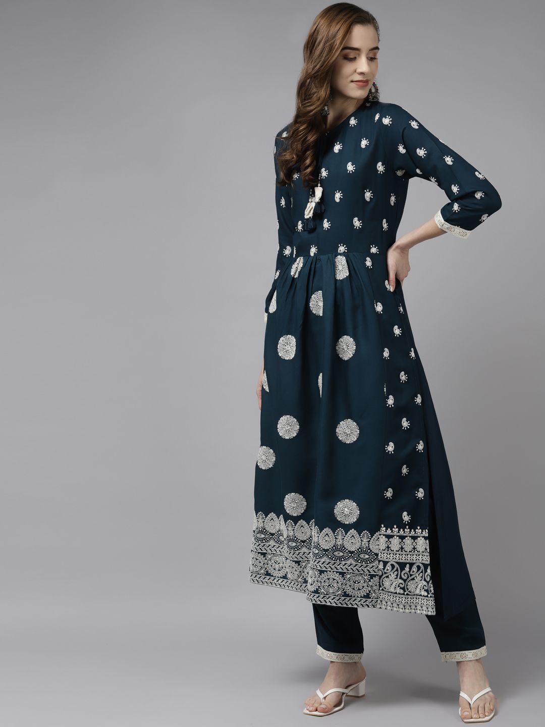 Dhiyona IE Women Teal Ethnic Motifs Embroidered Pleated Kurta Set With Dupatta
