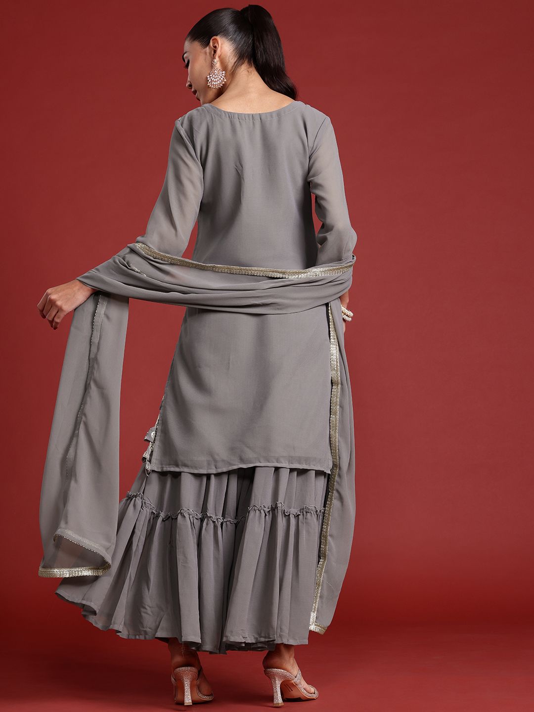 Indyancart IE Floral Embroidered Sequinned Kurta With Sharara & Dupatta