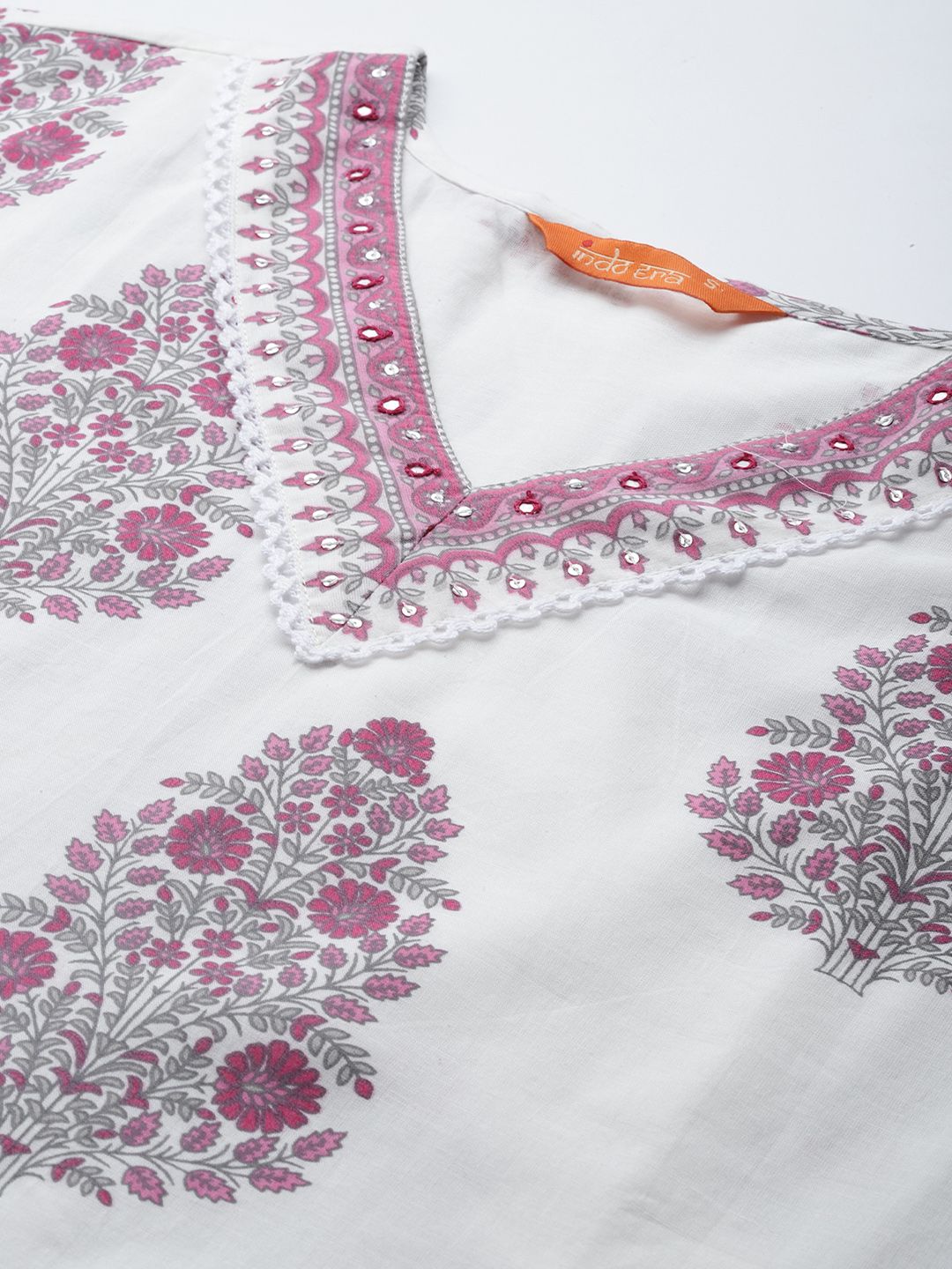 Indyancart IE Floral Printed Sequinned Pure Cotton Kurta with Trousers & With Dupatta