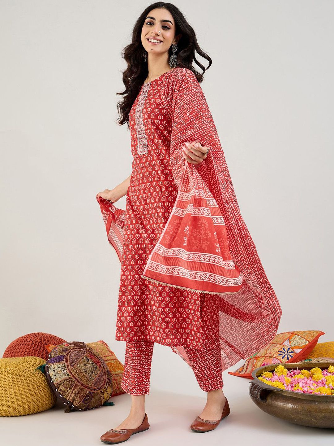 Indyancart IE Ethnic Motifs Printed Pure Cotton Straight Kurta With Trousers & Dupatta