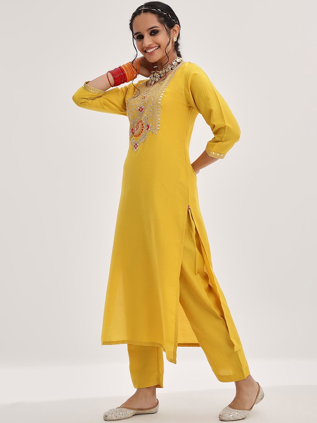 Indyancart VA Women'sYellow Yoke Design Ethnic Motifs Straight Kurta & Trousers With Dupatta