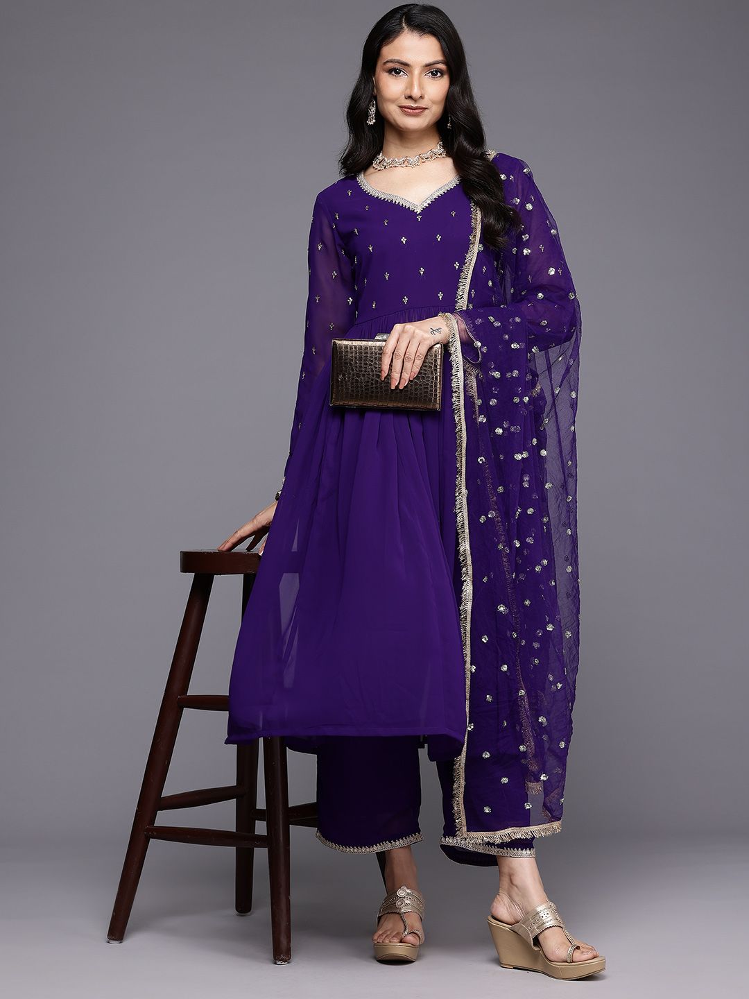 Indyancart VA Embroidered Empire Zari Kurta With Palazzos & Dupatta
