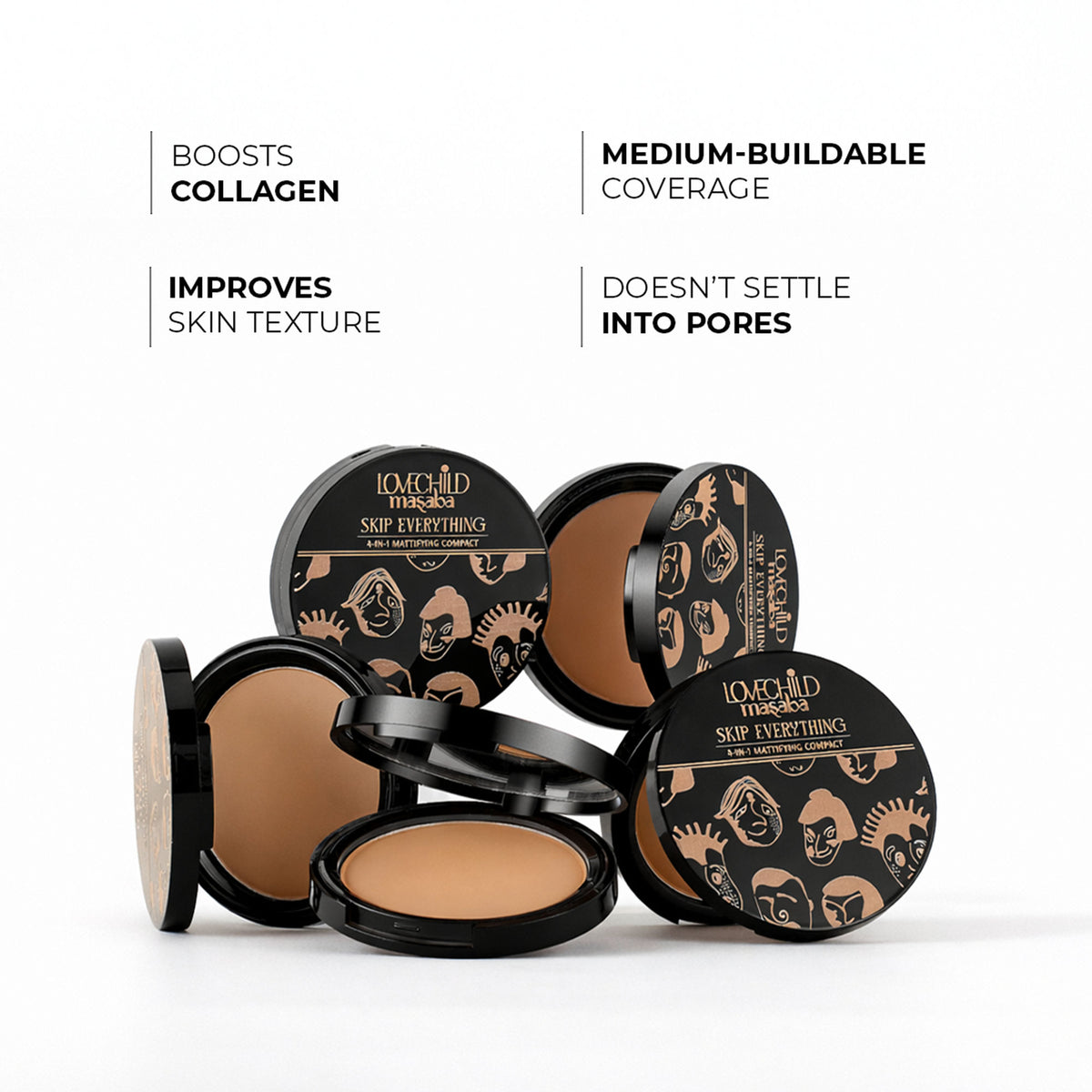 LoveChild Masaba Skip Everything Mattifying Compact in Honest Honey, with smooth, matte finish and compact design for a flawless look.