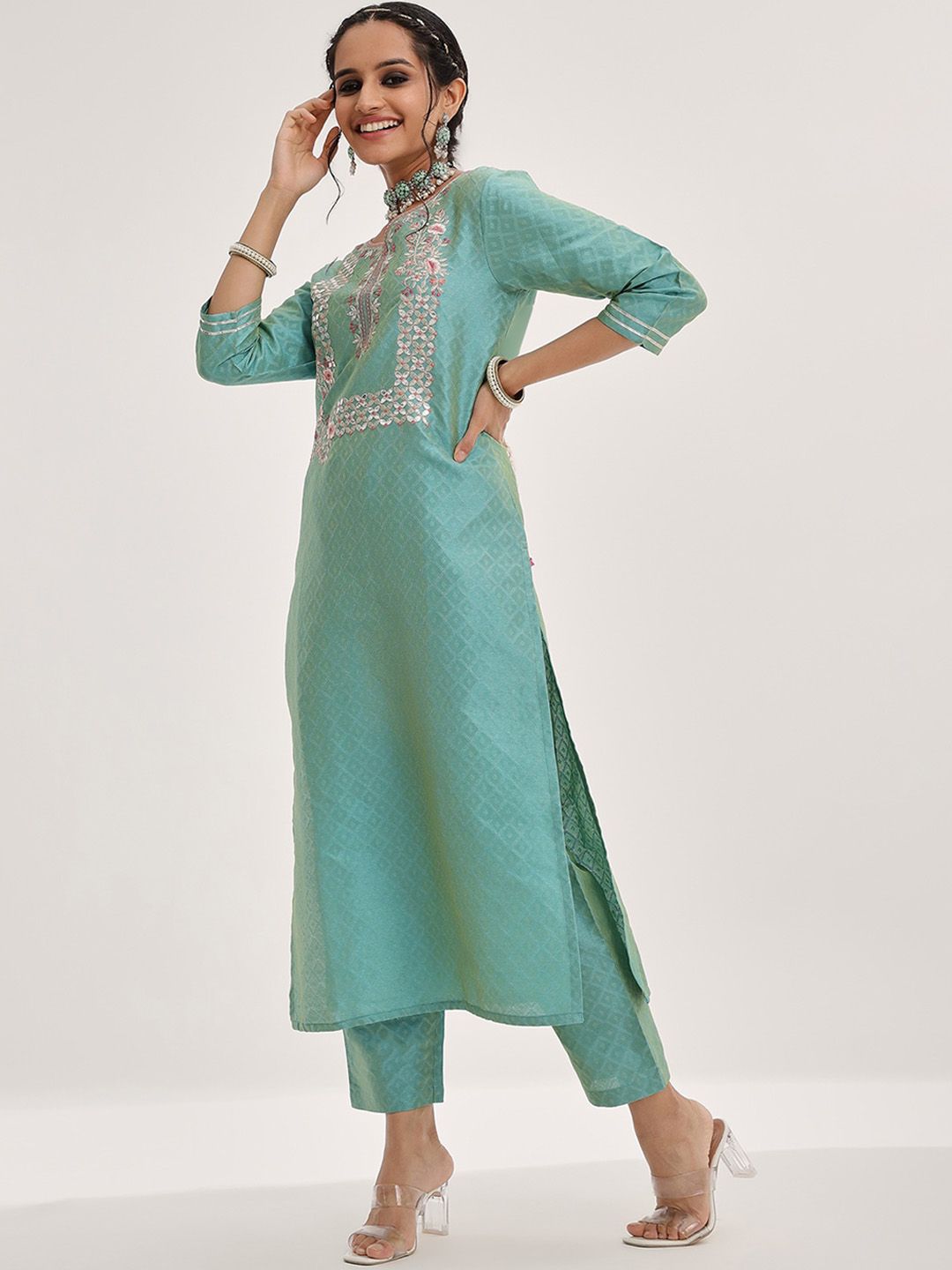 Indyancart VA Women'sFloral Yoke Design Gotta Patti Kurta & Trousers With Dupatta