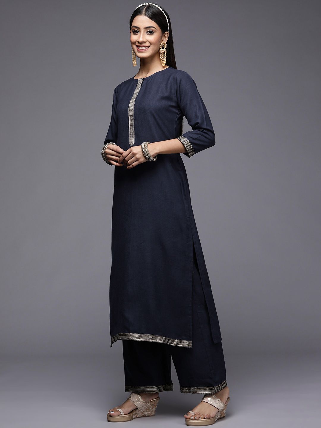 Dhiyona IE Women Navy Blue Ethnic Motifs Yoke Design Kurta with Palazzos & With Dupatta