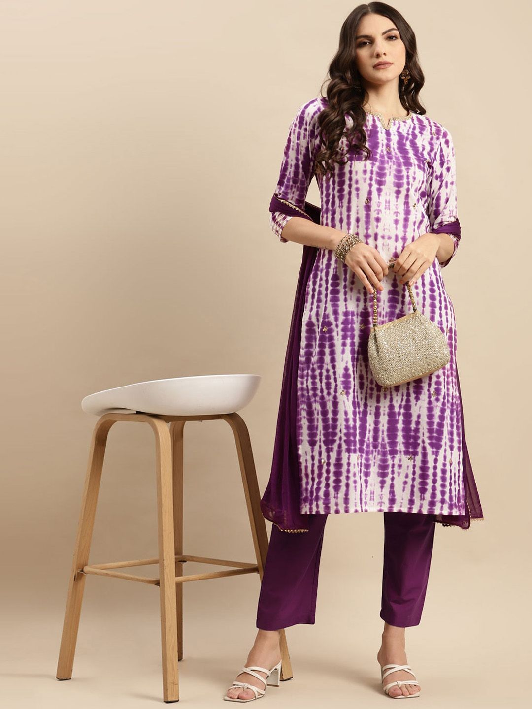 Indyancart VA Women'sShibori Dyed Regular Sequinned Pure Cotton Kurta With Trousers & Dupatta