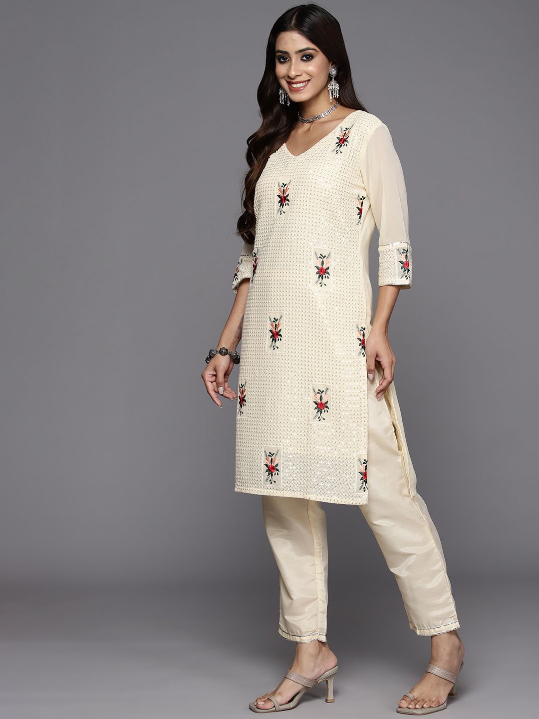 Indyancart IE Women Floral Embroidered Regular Sequinned Kurta with Sharara & With Dupatta