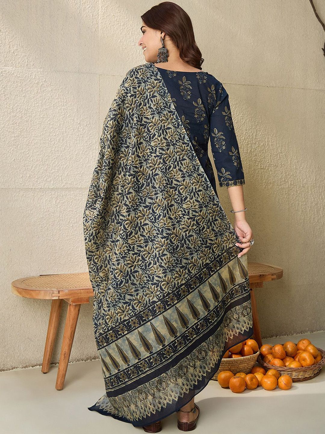 Indyancart IE Floral Printed V Neck Pure Cotton Kurta With Salwar & Dupatta
