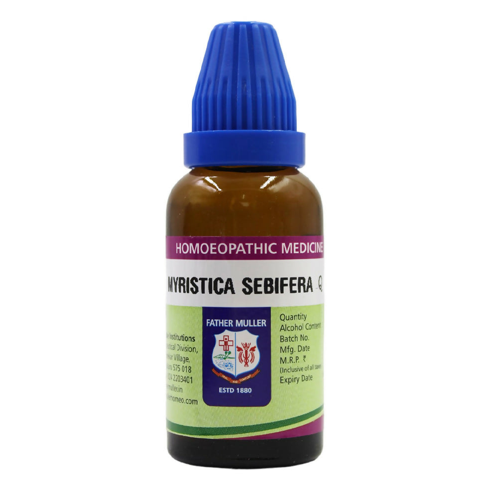 Father Muller Myristica Sebifera Mother Tincture Q bottle with label and dropper, displayed against a plain background.