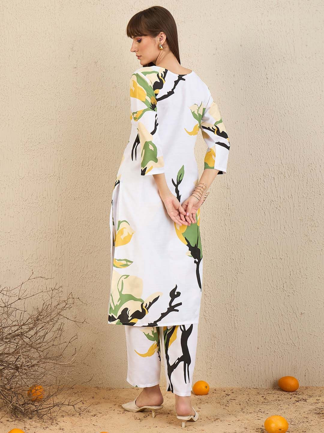 Indyancart IE Floral Printed V Neck Straight Kurta With Trousers
