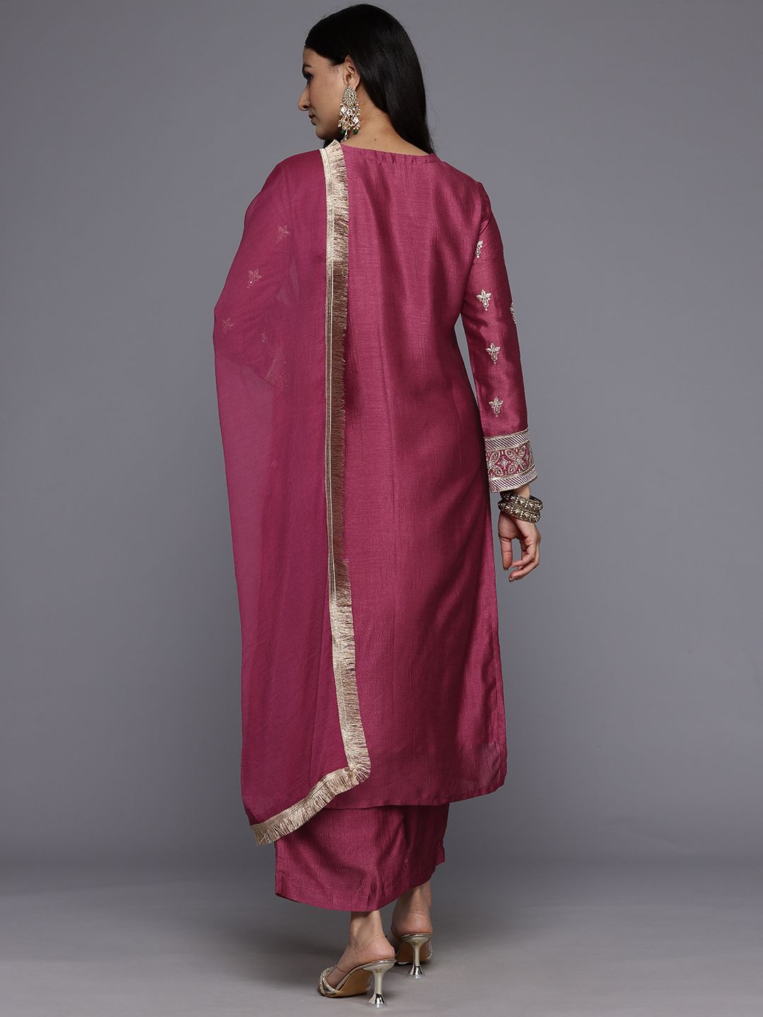 Indyancart VA Women'sEthnic Motifs Embroidered Zari Kurta With Palazzos & Dupatta