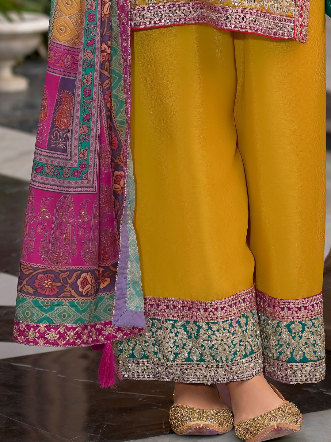 Indyancart IE Floral Embroidered Round Neck Mirror Work Kura With Palazzos & Dupatta