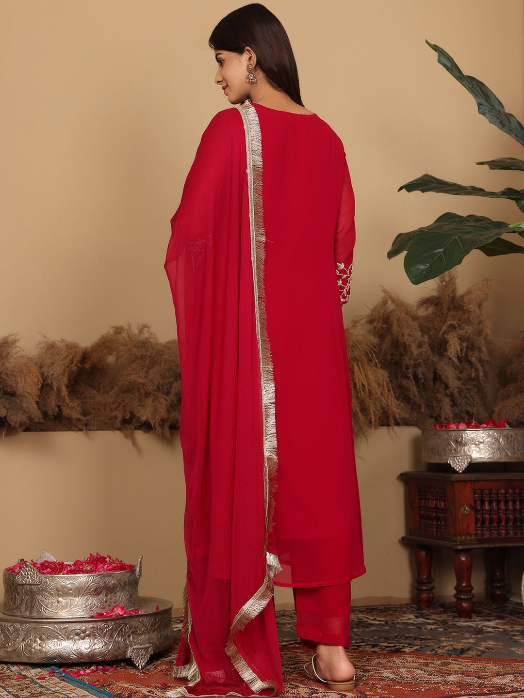Indyancart VA Women's Floral Embroidered Silk Georgette A-Line Kurta with Trousers & Dupatta
