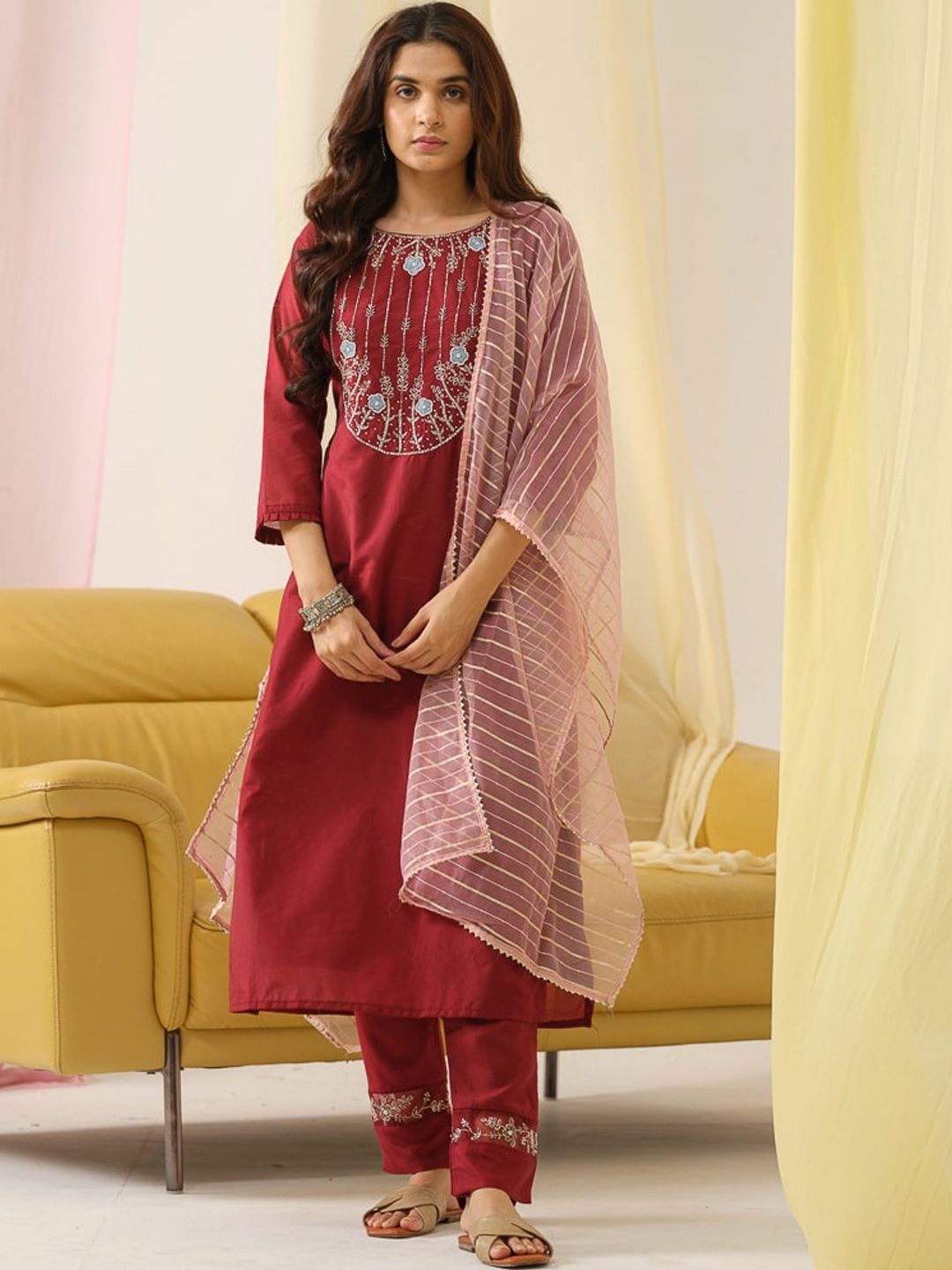 Indyancart SN Women's Embroidered Round Neck Straight Beads and Stones Kurta With Trouser & Dupatta