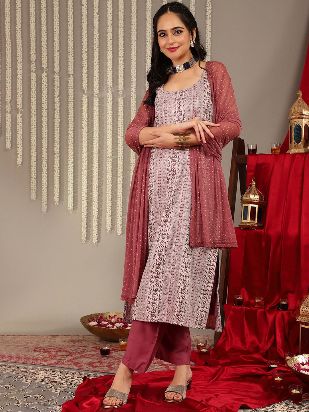 Indyancart VA Women's Shoulder Straps Woven Printed Straight Kurta & Trouser With Dupatta