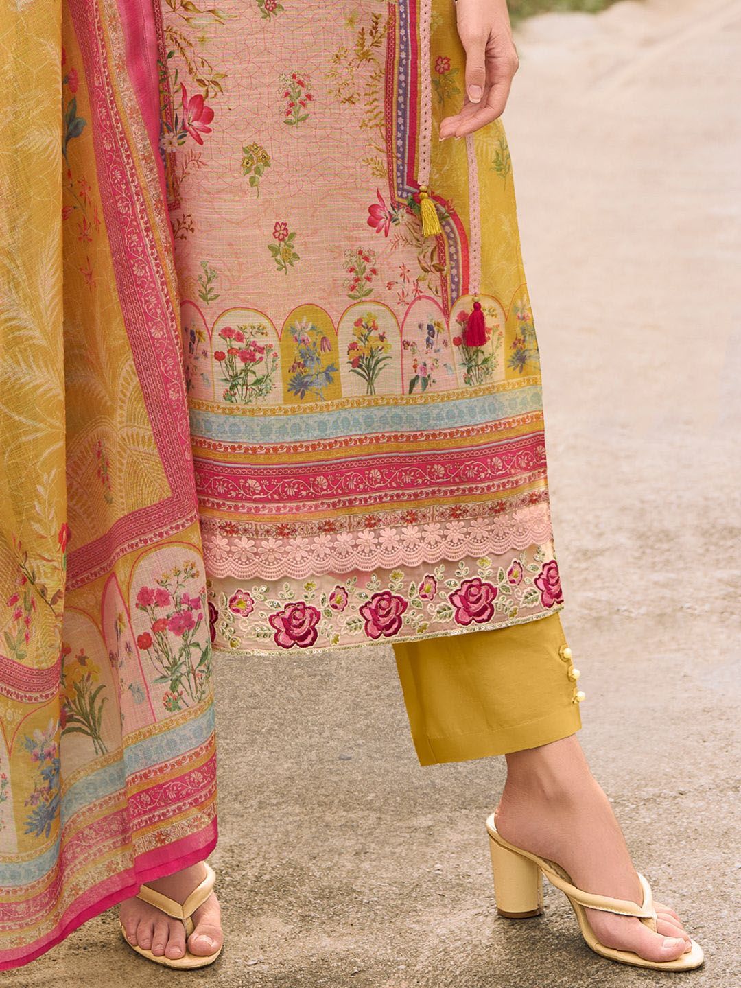 Indyancart IE Women Embroidered Thread Work Linen Kurta with Trousers & With Dupatta