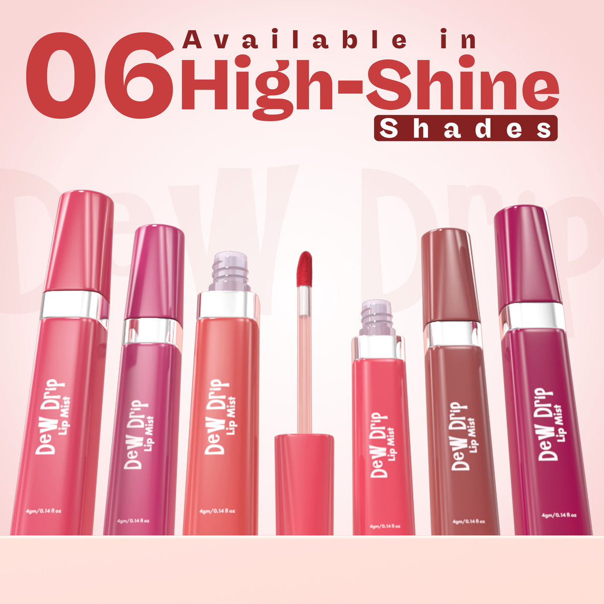 GLAM21 Dew Drip Lip Mist in 02 Strawberry Pink showing a clear bottle with pink liquid and applicator brush.