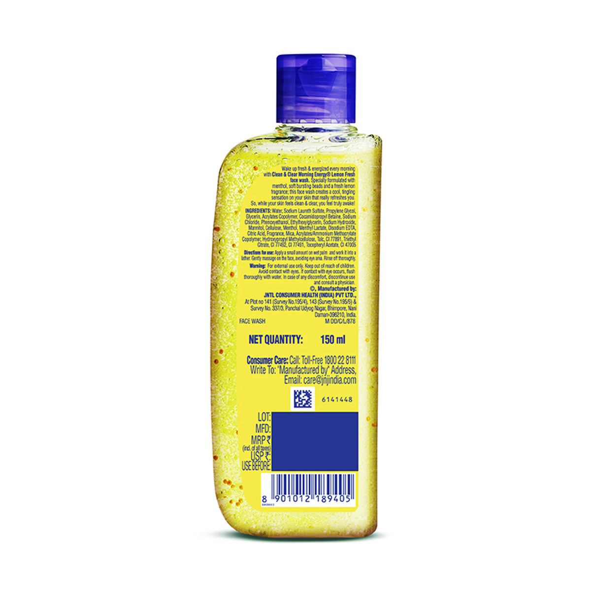 Clean & Clear Morning Energy Lemon Fresh face wash with menthol, gentle cleanser for oily skin, showing the product bottle and lemon slices.
