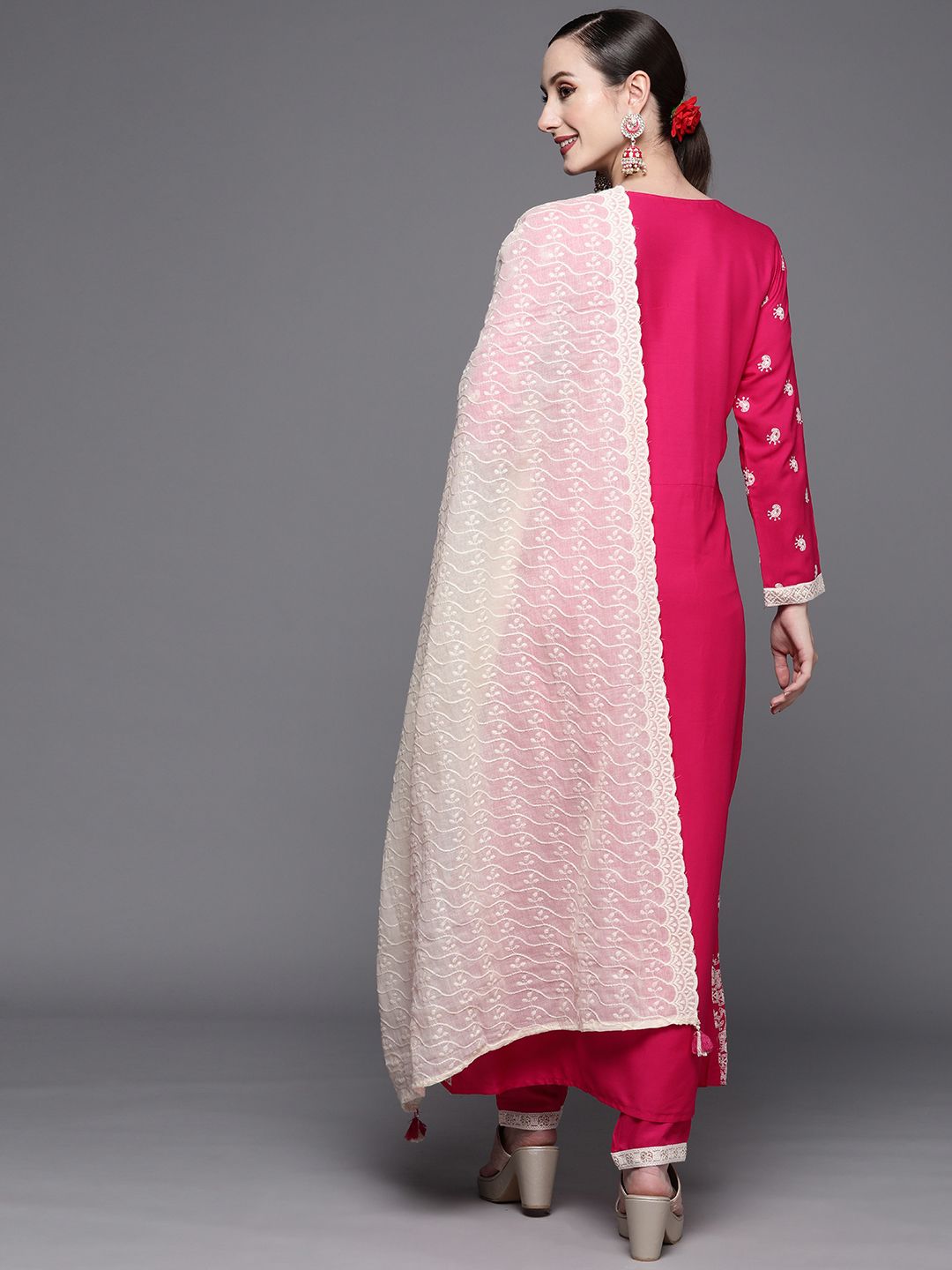 Indyancart IE Women Pink Ethnic Motifs Embroidered Sequinned Kurta with Trousers & With Dupatta