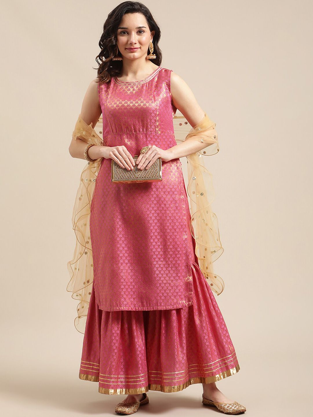 Indyancart VA Women'sPink & Gold-Colored Brocade Sleeveless Kurta Sharara With Sequins Ruffle Dupatta