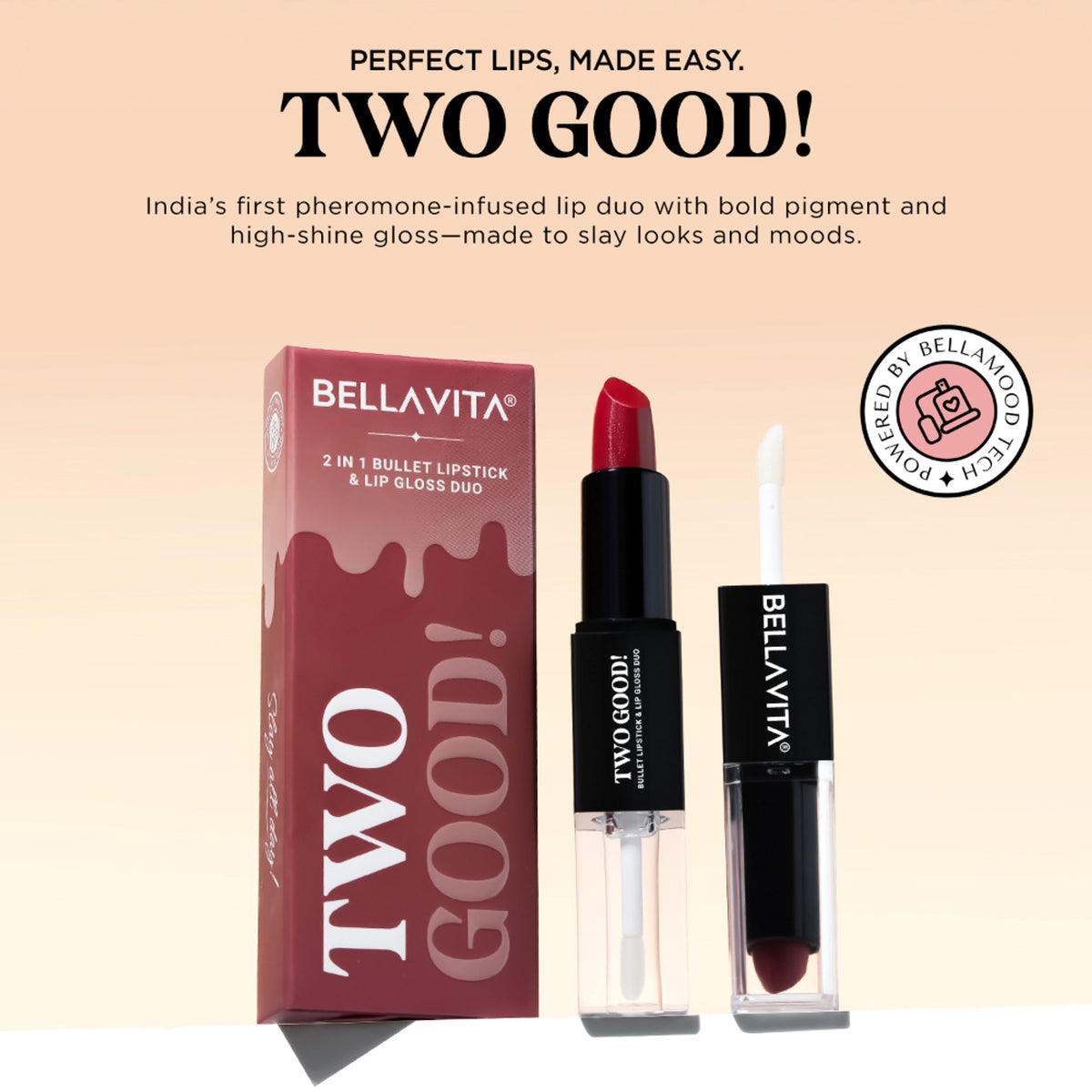 Bella Vita Organic Two Good 2-in-1 Lipstick and Gloss Duo with two charming shades, featuring sleek packaging and vibrant colors.