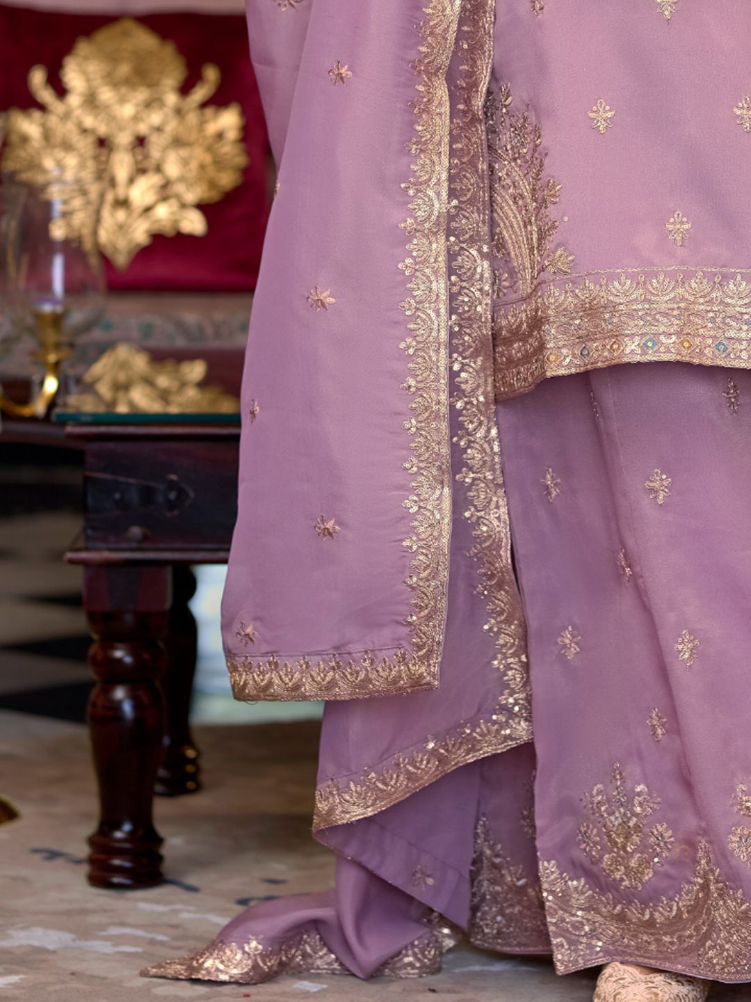 Indyancart IE Ethnic Motifs Embroidered Sequinned Straight Kurta Palazzos With Dupatta