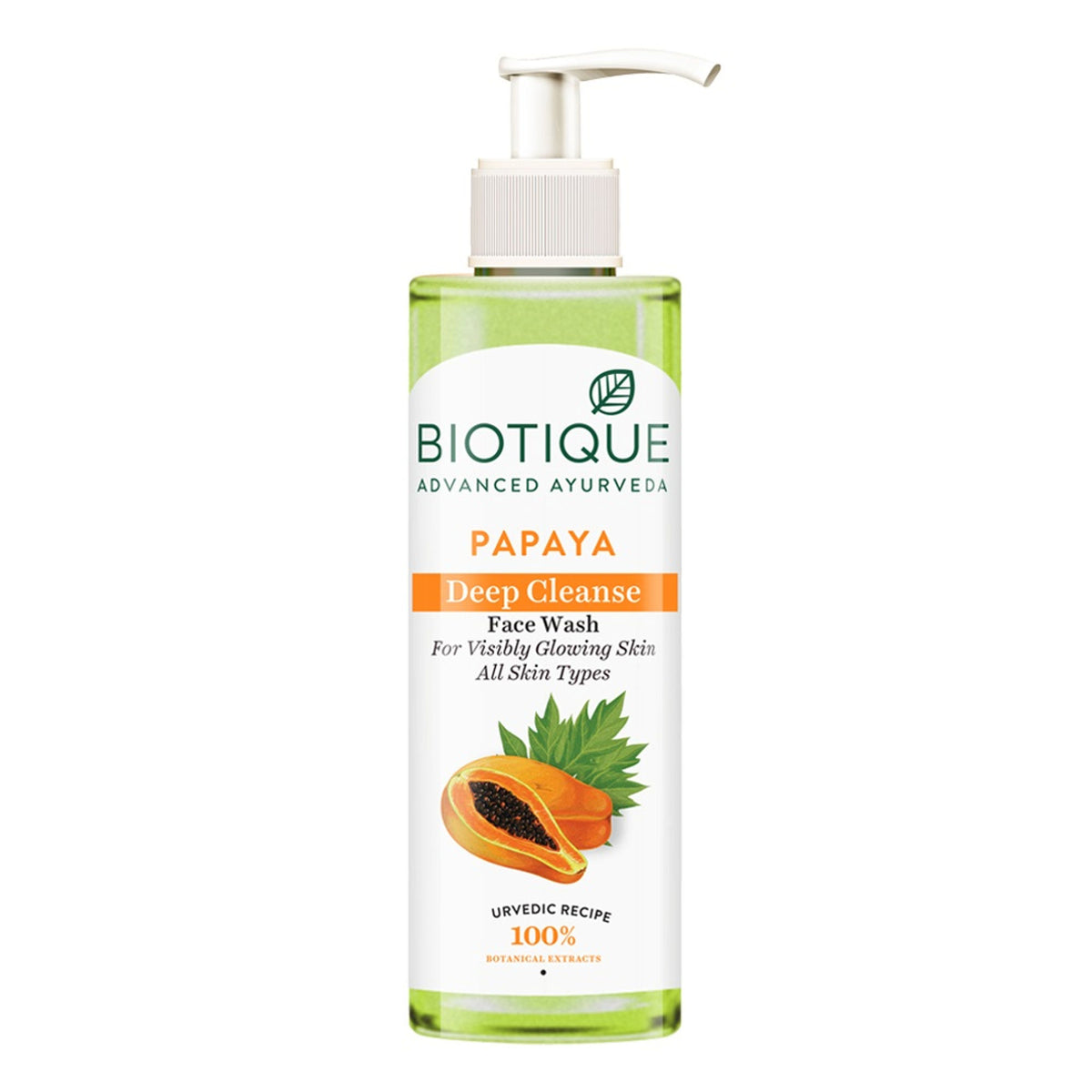 Biotique Bio Papaya face wash for all skin types, showing the tube with papaya extract and natural ingredients.