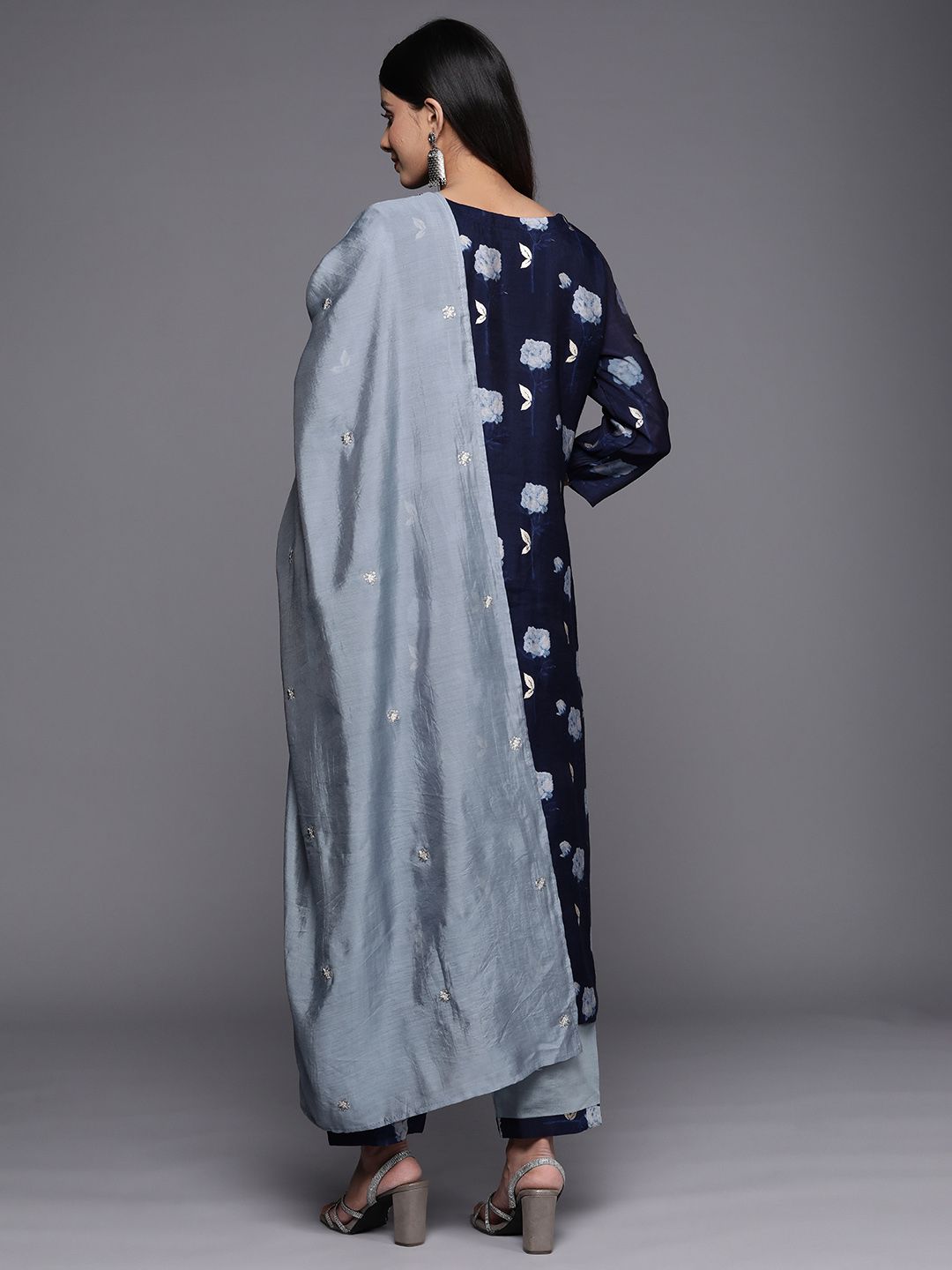 Indyancart VA Women'sFloral Yoke Design Sequinned Chanderi Silk Kurta with Trousers & With Dupatta