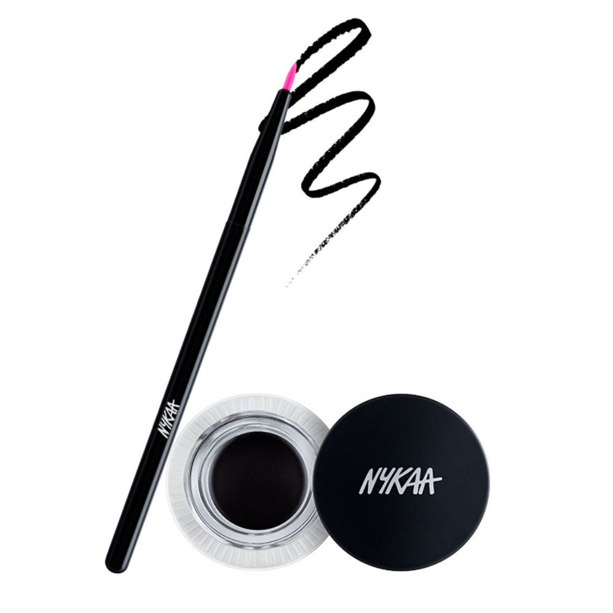 Nykaa Black Magic Gel Eyeliner in Jet Black, displaying the smooth gel formula and sleek black packaging.