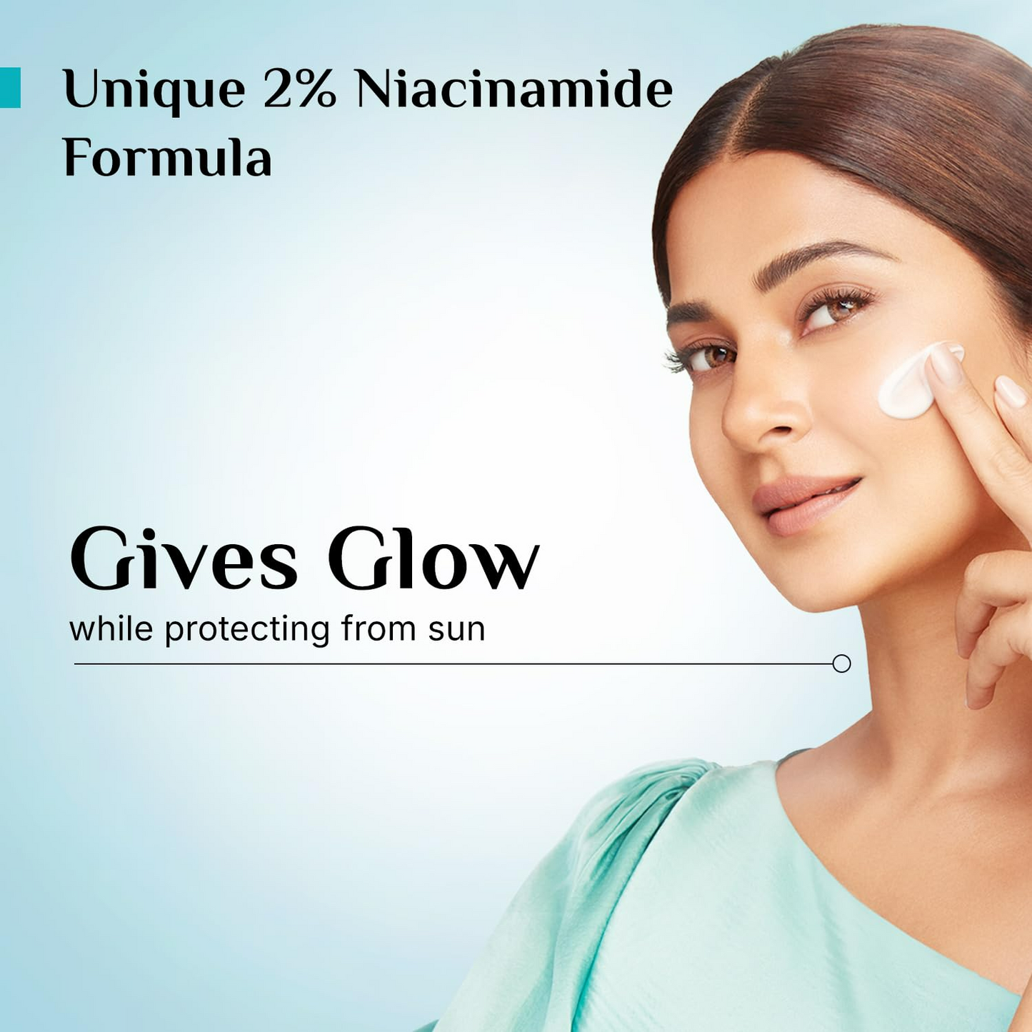 Pilgrim Niacinamide Glow Sunscreen SPF 50+++, broad spectrum, non-greasy formula with no white cast, enhances skin glow.