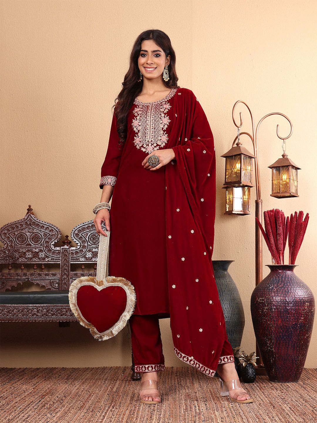 Indyancart VA Women'sMaroon Floral Yoke Design Sequinned Velvet Straight Kurta with Trousers & Dupatta